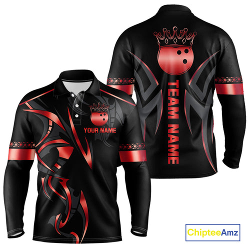 Black and Red crown Bowling ball Polo, Quarter Zip Shirts for Men Custom Bowling Team jerseys NQS10047
