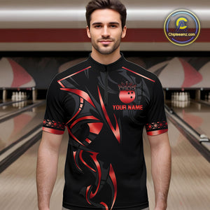 Black and Red crown Bowling ball Polo, Quarter Zip Shirts for Men Custom Bowling Team jerseys NQS10047
