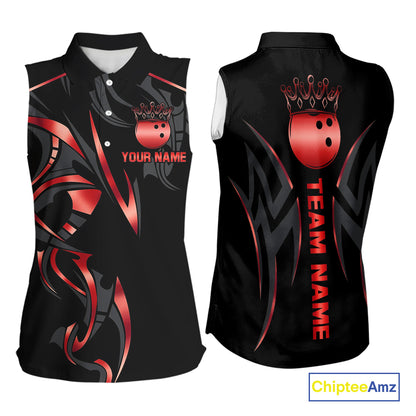Sleeveless polo shirt in black and red with a crowned bowling ball and custom team name design