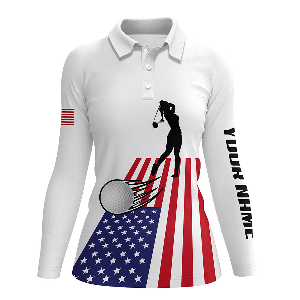 American flag Womens golf polos shirts custom name patriotic white golf shirt, womens golf wear NQS7964