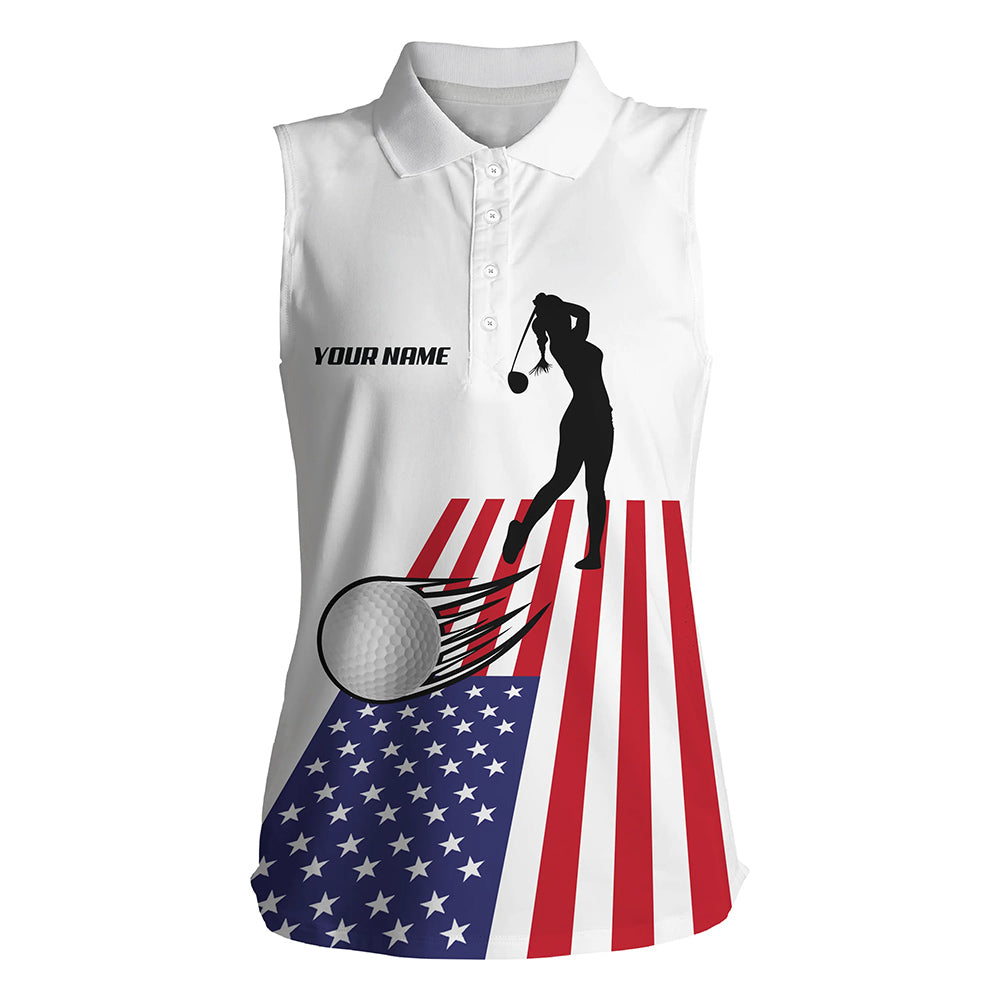 American flag Women sleeveless polo shirt custom name patriotic white golf shirt, womens golf wear NQS7964