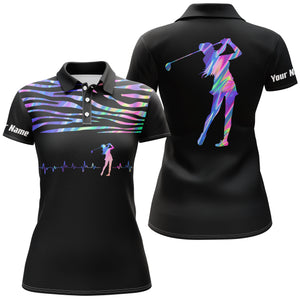 Womens golf polo shirt Golf Heart Beat Hologram custom name black golf shirt NQS3855