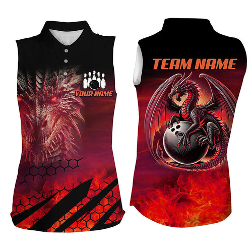 Black And Red Custom Dragon Flame Bowling sleeveless polo Shirts, Dragon Fire Bowling Team Shirts NQS8384