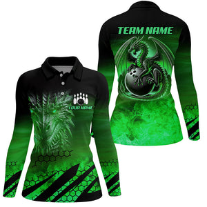 Black And Green Custom Dragon Flame Bowling Shirts For Women, Dragon Fire Bowling Team Shirts NQS8385