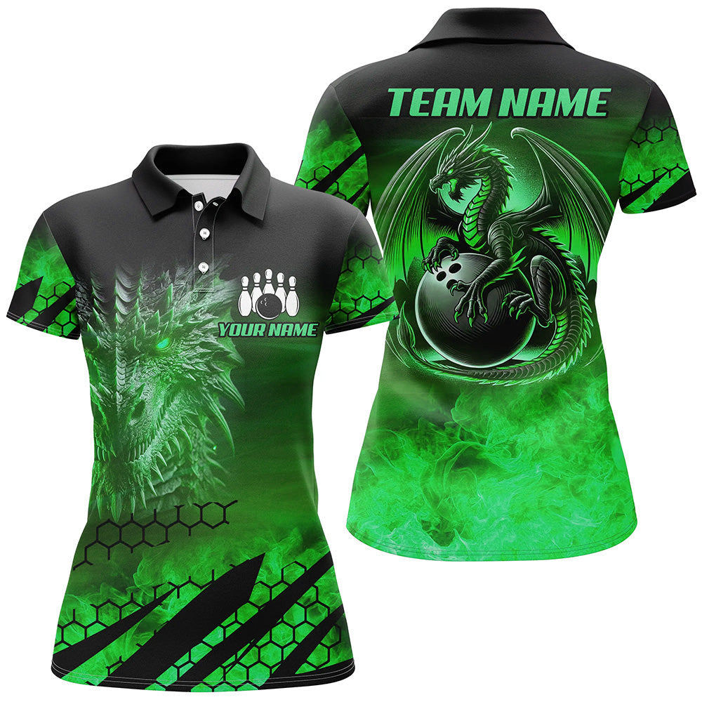 Black And Green Custom Dragon Flame Bowling Shirts For Women, Dragon Fire Bowling Team Shirts NQS8385