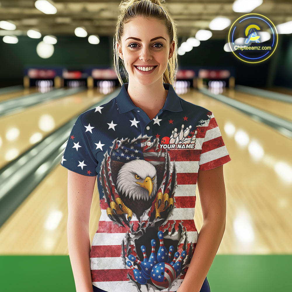 Vintage American Flag Eagle Bowling Polo,1/4 Zip Shirt for Women Custom Patriotic Team Bowling Jersey NQS10569