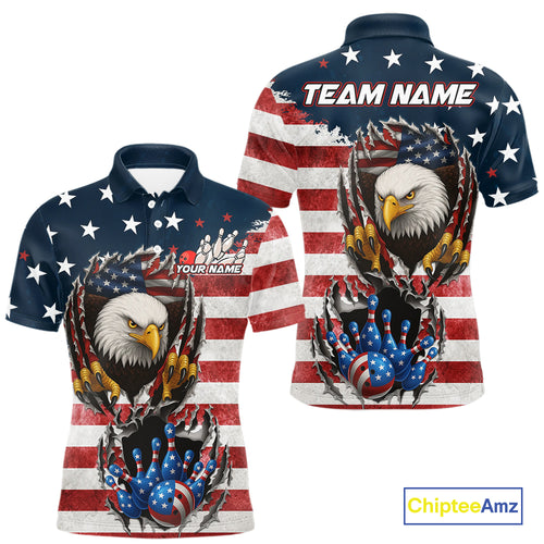 Vintage American Flag Eagle Bowling Polo, 1/4 Zip Shirt for Men Custom Patriotic Team Bowling Jersey NQS10569