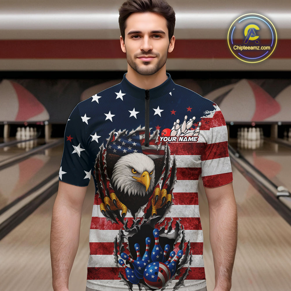 Vintage American Flag Eagle Bowling Polo, 1/4 Zip Shirt for Men Custom Patriotic Team Bowling Jersey NQS10569