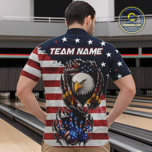 Vintage American Flag Eagle Bowling Polo, 1/4 Zip Shirt for Men Custom Patriotic Team Bowling Jersey NQS10569