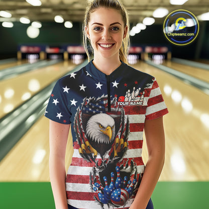 Vintage American Flag Eagle Bowling Polo,1/4 Zip Shirt for Women Custom Patriotic Team Bowling Jersey NQS10569