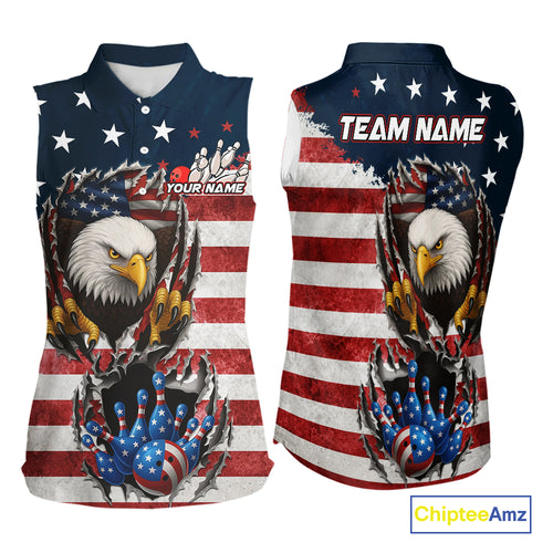 Vintage American Flag Eagle Bowling Sleeveless Polo Shirt Custom Patriotic Team Bowling Jersey NQS10569