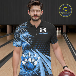 Black and Blue Bowling Polo, Quarter zip shirts For Men Custom Team Bowling Jerseys, Gift For Bowlers NQS10786