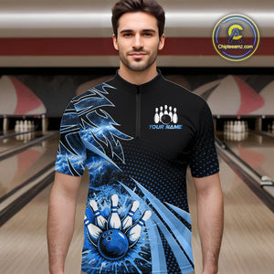 Black and Blue Bowling Polo, Quarter zip shirts For Men Custom Team Bowling Jerseys, Gift For Bowlers NQS10786