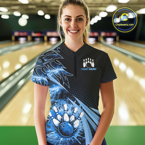 Black and Blue Bowling Polo, 1/4 zip shirts For Women Custom Team Bowling Jerseys, Gift For Bowlers NQS10786