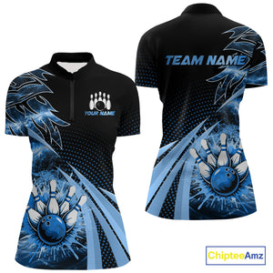 Black and Blue Bowling Polo, 1/4 zip shirts For Women Custom Team Bowling Jerseys, Gift For Bowlers NQS10786