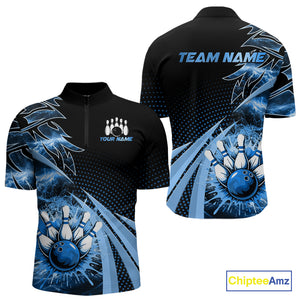 Black and Blue Bowling Polo, Quarter zip shirts For Men Custom Team Bowling Jerseys, Gift For Bowlers NQS10786