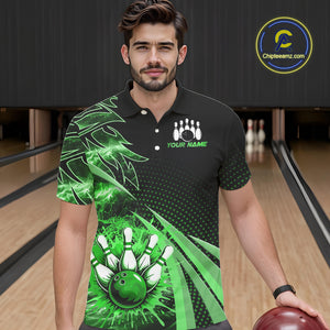 Black and Green Bowling Polo, Quarter zip shirts For Men Custom Team Bowling Jersey, Gift For Bowlers NQS10787
