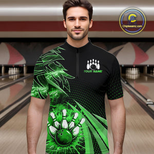 Black and Green Bowling Polo, Quarter zip shirts For Men Custom Team Bowling Jersey, Gift For Bowlers NQS10787
