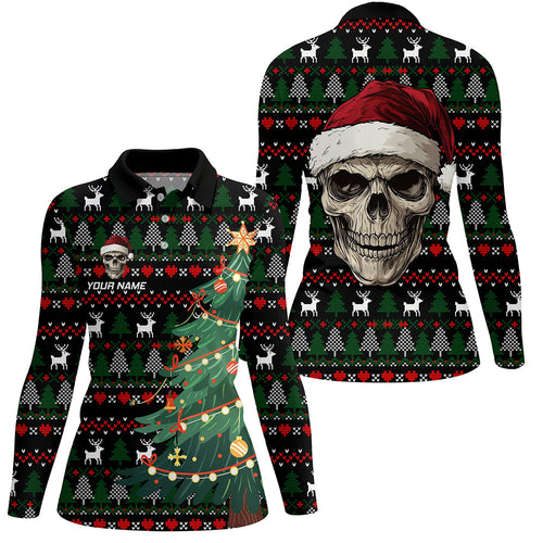 Funny Ugly Christmas pattern Santa Skull Womens Golf Polo Shirts  Custom Xmas Gifts For Women NQS9082