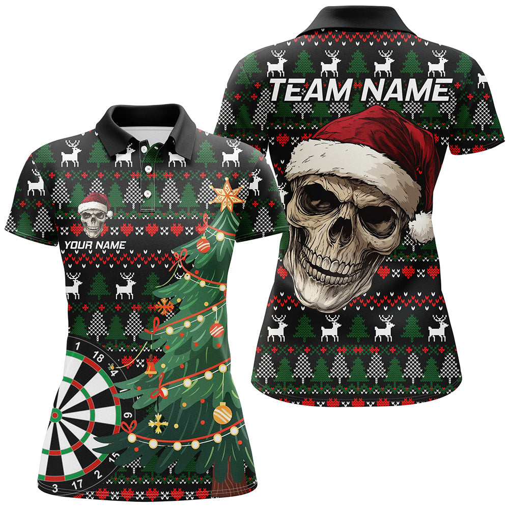 Funny Ugly Christmas pattern Santa Skull Dart Polo, Quarter Zip Shirt For Women Custom Xmas Dart Gifts NQS9083