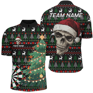 Funny Ugly Christmas pattern Santa Skull Dart Polo, Quarter Zip Shirt For Men Custom Xmas Dart Gifts NQS9083