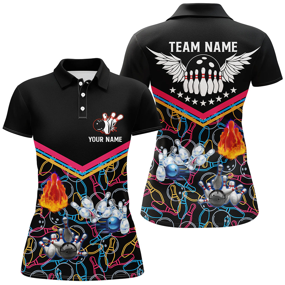 Custom Multicolor black bowling shirt for women – personalized team jersey front view