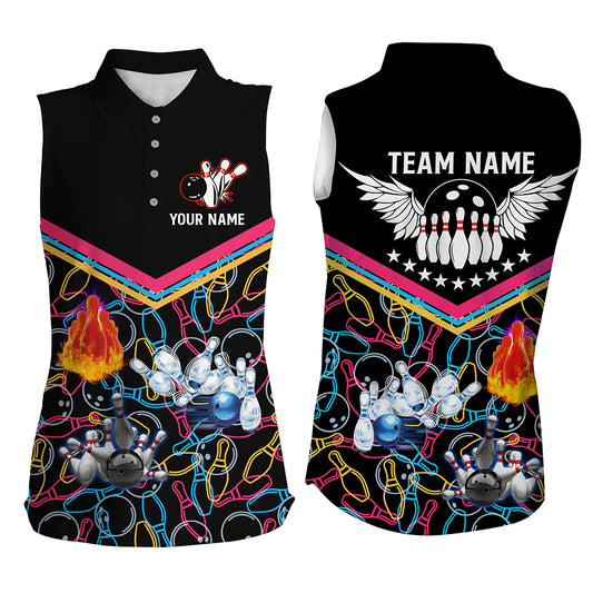 Custom Multicolor black sleeveless bowling shirt for women – personalized team jersey front view