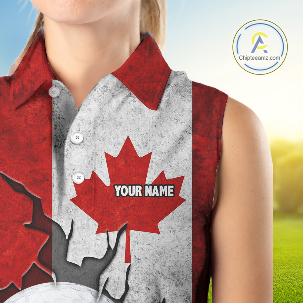 Vintage Canadian Flag broken golf ball Women Sleeveless polos Custom patriotic Ladies Golf attire NQS10050
