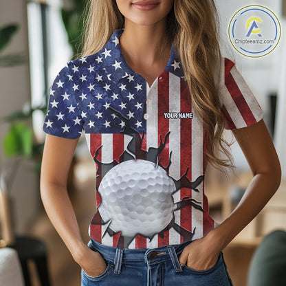 Vintage American Flag broken golf ball Women Golf polo shirts Custom patriotic Golf attire For ladies NQS10051