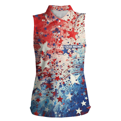 Women sleeveless polo shirt Red, white and blue stars pattern custom patriotic golf shirt for womens NQS5848