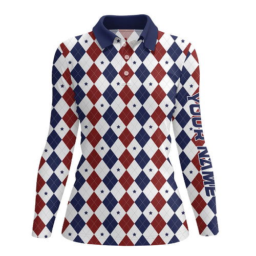 Women golf polo shirt custom red, white and blue argyle plaid pattern golf attire for ladies NQS7969