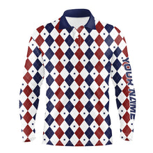 Load image into Gallery viewer, Mens golf polo shirts custom red, white and blue argyle plaid pattern golf attire for men NQS7969