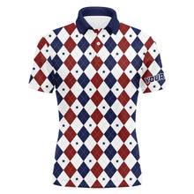 Load image into Gallery viewer, Mens golf polo shirts custom red, white and blue argyle plaid pattern golf attire for men NQS7969