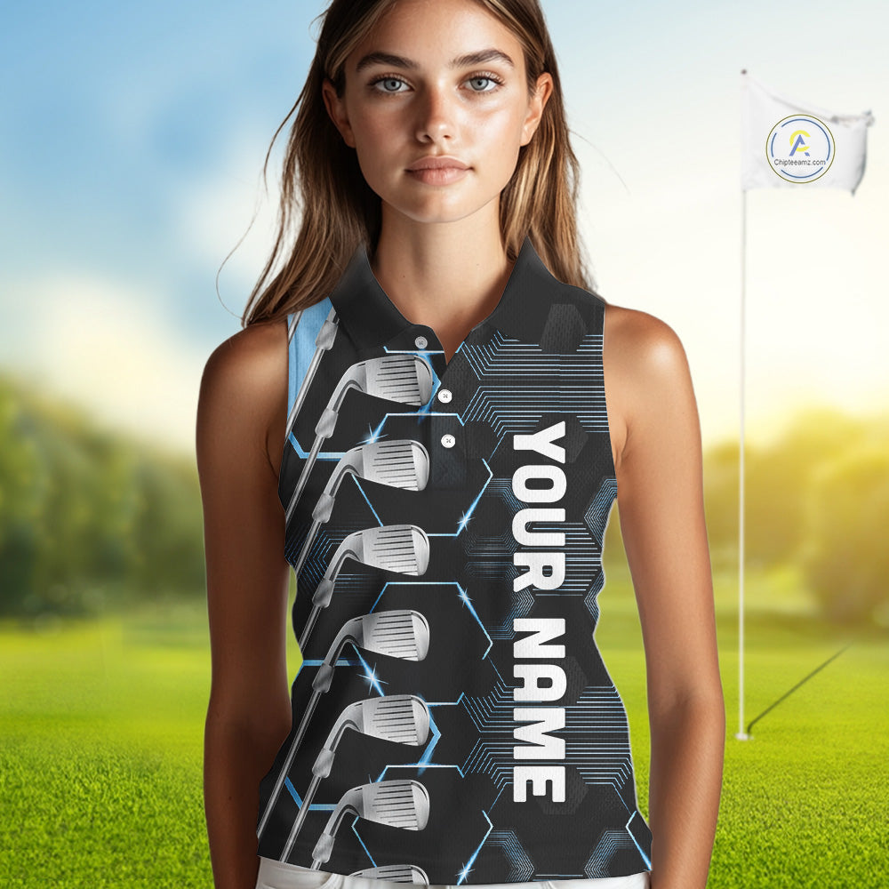 Blue and Black golf clubs Women sleeveless polos custom golf outfit ladies, personalized golf gifts NQS10212