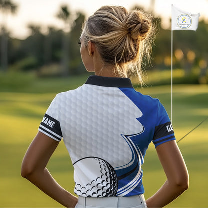 Blue & white golf ball short sleeve, long sleeve golf polo shirts custom name golf gifts for Women NQS10214