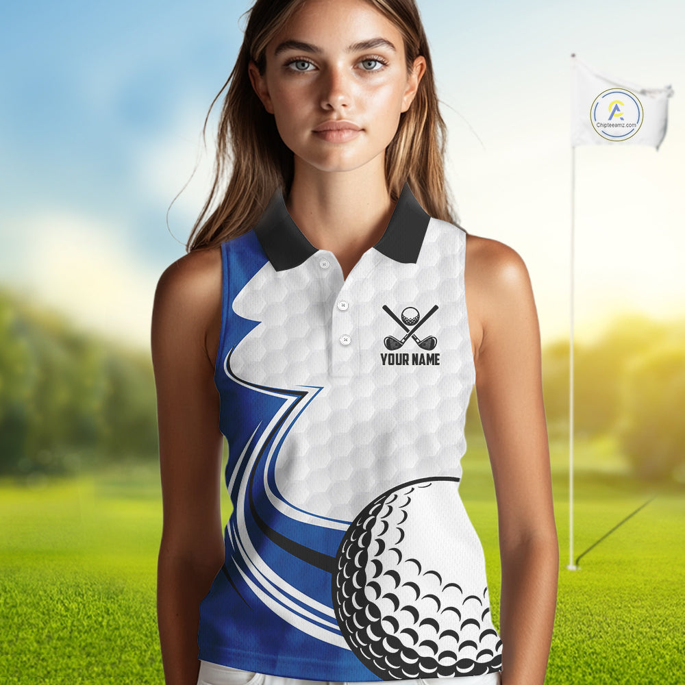 Blue & white golf ball sleeveless golf polo shirts custom name golf gifts for Women NQS10214