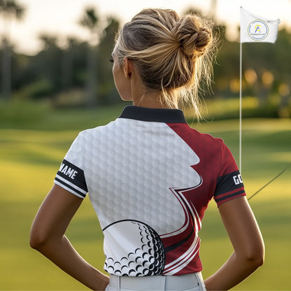 Red & white golf ball short sleeve, long sleeve golf polo shirts custom name golf gifts for Women NQS10215
