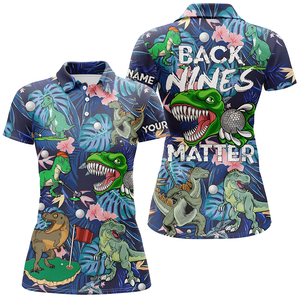 Funny Women golf polo shirt custom blue tropical flower Dinosaur pattern golf shirts back nines matter NQS6058