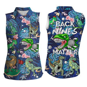 Funny Women sleeveless polo shirt custom blue tropical flower Dinosaur golf shirts back nines matter NQS6058