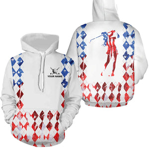 Red white and blue American flag argyle plaid pattern golf Hoodies custom patriotic golf apparel NQS8394