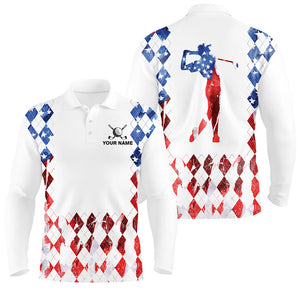 Red white, blue American flag argyle pattern Men golf polo shirts custom patriotic golf top for men NQS8394