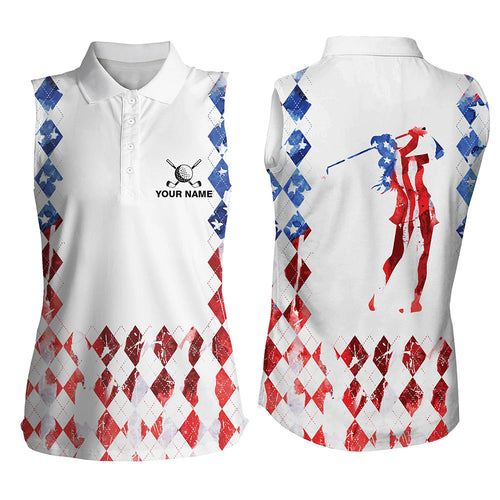 Red white and blue American flag argyle pattern sleeveless golf polo shirt custom women's golf apparel NQS8394