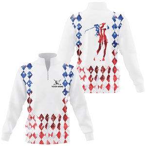 Red white, blue American flag argyle pattern Quarter zip golf sweatshirt custom patriotic golf sweater NQS8394