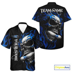 Custom Black and Blue Flame Skull Bowling Hawaiian Shirt, Personalized Skull Team Bowling Jersey NQS10574
