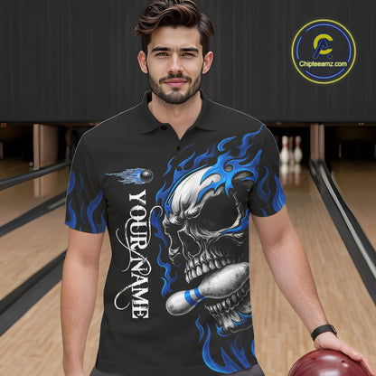 Custom Black and Blue Flame Skull Bowling Shirts For Men, Personalized Skull Team Bowling Jersey NQS10574