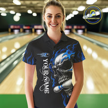 Load image into Gallery viewer, Custom Black and Blue Flame Skull Bowling Shirts For Women, Personalized Skull Team Bowling Jersey NQS10574