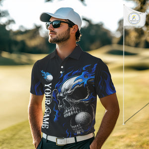 Custom Black and Blue Flame Skull Mens golf polo shirts, Personalized Skull Team Mens Golf Outfit NQS10576
