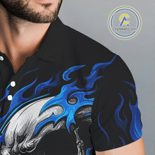 Load image into Gallery viewer, Custom Black and Blue Flame Skull Mens golf polo shirts, Personalized Skull Team Mens Golf Outfit NQS10576