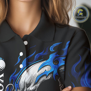 Custom Black and Blue Flame Skull Womens golf polo shirts, Personalized Skull Team Ladies Golf Outfit NQS10576