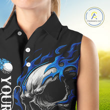 Load image into Gallery viewer, Custom Black and Blue Flame Skull Women&#39;s Sleeveless Polo Shirt, Skull Team Ladies Golf Outfit NQS10576
